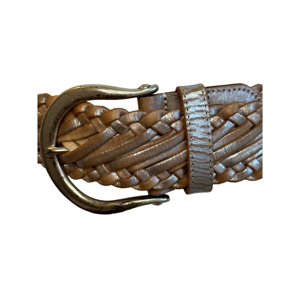 Linea Pelle Tan Silver Gold Metallic Braided Leather Belt sz M 41" - Picture 2 of 11